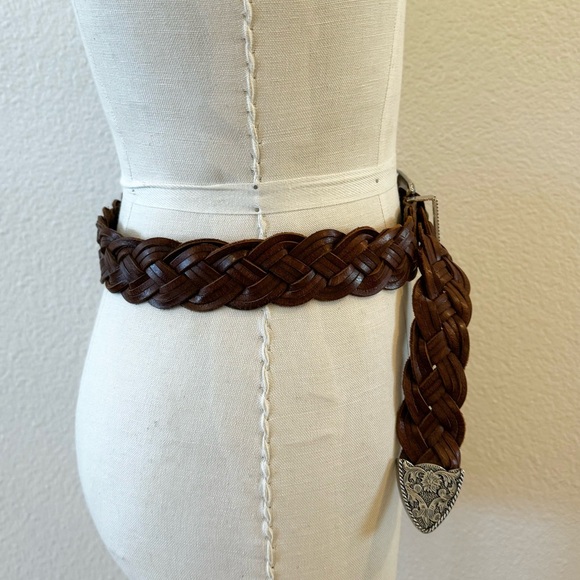 Vintage Brown Leather Woven Belt w/ Silver Buckle - Picture 3 of 6